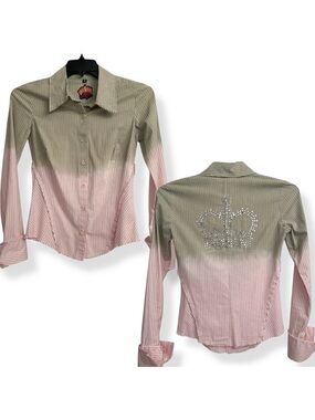 90’s Y2K Love Junkie Pinstripe Pink Green Shirt Rhinestone Crown Appliqué Medium